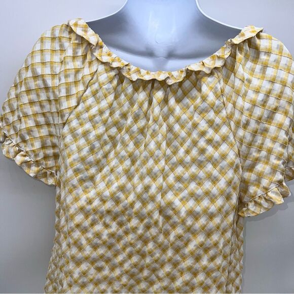 Max Studio Textured Blouse in Yellow/White Diagonal Plaid w/Ruffles & Ties-Sz L - Picture 6 of 11
